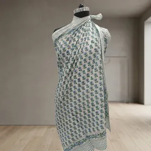 White Blue Floral Hand Block Printed Cotton Sarong Scarf with Green Border Lightweight <b>Beach</b> <b>Wrap</b> Stole for Women - Product Image 5