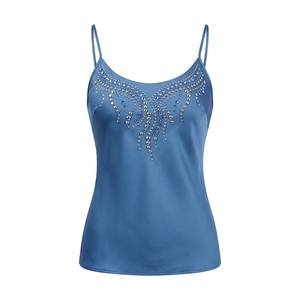 Women's Blue Satin Spaghetti Strap Tank <b>Top</b> <b>Beaded</b> Embellished Scoop Neck Elegant Camisole - Product Image 1