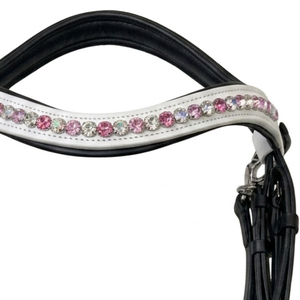 Bridon de cheval élégant noir et blanc en cuir anatomique rembourré, avec frontal incurvé en cristal personnalisé, bridon à mors flottants OEM - Product Image 3