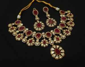 Raasika navratna royale heirloom necklace and earrings set hpandcrafted with premium deep ruby-<b>red</b> oval and teardrop stones - Product Image 6