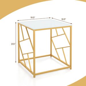 Tavolino Quadrato con Finitura Dorata e Piano in Vetro Temperato, Design Geometrico per Tavoli da Caffè - Product Image 5