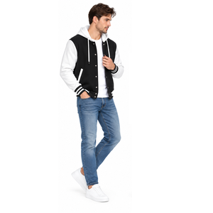 Veste universitaire personnalisée pour hommes, en laine mélangée, à capuche, avec empiècements sur le devant, style streetwear, service OEM - Product Image 5