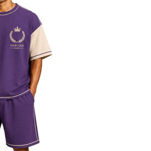 Royal Purple Mens Oversized T Shirt And Shorts <b>Set</b> Beige Contrast Sleeves Custom Logo Crew Neck Casual Streetwear Wholesale - Product Image 4