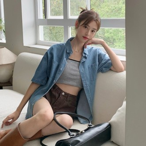 Camicia Unisex da donna estiva in Denim blu a maniche corte allentata Design grazioso in 5 parti - Product Image 1