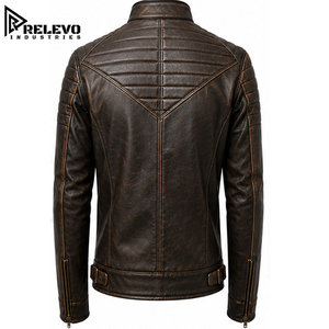 <b>Vintage</b> Style Men Distressed Brown Moto Leather <b>Jacket</b>, Premium Textured <b>Racer</b> Biker Outerwear with Quilted Shoulders - Product Image 2