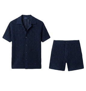Ensemble chemise et short pour homme, manches courtes, uni, printemps, décontracté, été, coton, tricoté, respirant, haute qualité - Product Image 3
