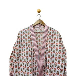 Bata Kimono de algodón 100% para mujer, ligera y transpirable, con diseño de estampado de bloques, características de cintura Natural - Product Image 6