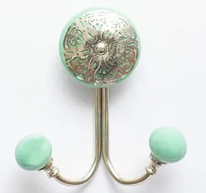 Hand Painted Antique Brass Filigree Ceramic Knobs Wall Coat Hook [CIH 206]