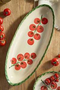 Round <b>Ceramic</b> <b>Plate</b> With Strawberry Pattern Handpainted Flat Dish Cute Design Green Checkered Background - Product Image 1