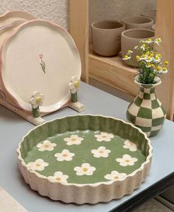 Round <b>Ceramic</b> <b>Plate</b> With Strawberry Pattern Handpainted Flat Dish Cute Design Green Checkered Background - Product Image 4