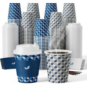 Set da 300 Pezzi di Bicchieri di Carta Monouso da 10 oz con Design a Foglie Blu, Coperchi, Manicotti e Agitatori per Uso Domestico, Ufficio e Caffetteria - Product Image 1