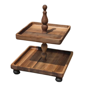 Support à gâteau carré à 2 niveaux en bois d'acacia avec poignée, plateau de service pour desserts pour mariages et événements, prix de gros - Product Image 1