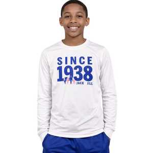Camiseta Deportiva de Manga Larga para Jóvenes Jack and Jill, Blanca con Gráfico Since 1938, Elegante y Cómoda para Niños y Adolescentes - Product Image 1