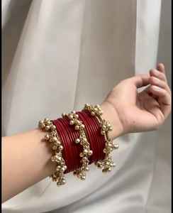 Premium Gold Plated Trendy Multi-Tone Glass & Pearl Kashmiri <b>Bangle</b> <b>Set</b> Ombre Finish Glitter Accents Traditional Wedding - Product Image 6