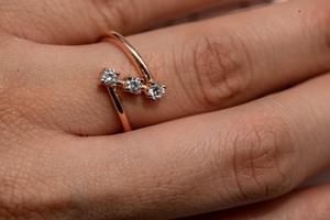 Minimalist Three Stone Lab Grown Diamond Engagement <b>Ring</b> Open Band <b>Dainty</b> 18k Yellow Gold Rhodium Plated Prong Setting - Product Image 3