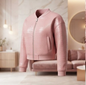 Pink Embossed Faux <b>Leather</b> <b>Bomber</b> <b>Jacket</b> <b>Women's</b> Full Sleeve Stand Collar Autumn Regular Length Zipper Closure - Product Image 3