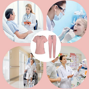 Conjunto de Uniforme Médico Rosa para Mujer, Pantalones de Algodón y Poliéster, Cuello en V, Manga Corta - Product Image 5