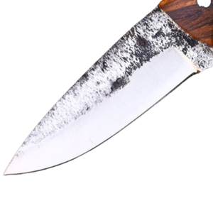Cuchillo de caza de hoja fija plateada con mango de madera marrón, hoja con acabado rústico martillado, cuchillo utilitario para camping y bushcraft al aire libre - Product Image 2