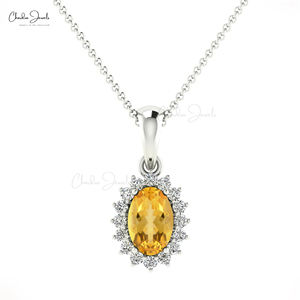 Pendentif de luxe en citrine taille ovale, or fin 14 carats, authentique, 0,54 carat total, avec halo de pierres précieuses et diamants, produit très apprécié, en promotion - Product Image 1