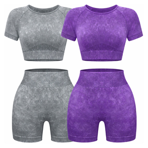 Ensemble de sport sans coutures délavé à l'acide, comprenant un short cycliste taille haute et un crop top à manches courtes, avec effet froncé aux fesses, pour le yoga et l'entraînement, tenue de fitness et de sport - Product Image 1
