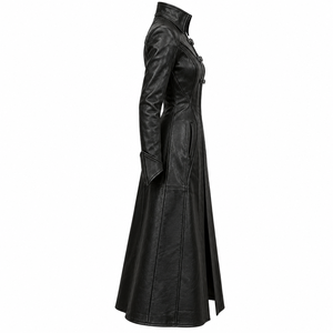 Womens Black <b>Leather</b> Duster Coat Buckle Metal Clasp Stand Collar Zip Up Long Trench Overcoat Custom Oem Supply - Product Image 3