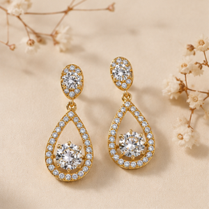 Luxury 14K Yellow Gold Teardrop <b>Earrings</b> With Crystal Rhinestones Pave Setting For Women Wedding <b>Fine</b> Jewelry - Product Image 1