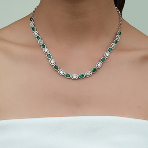 Collar de Lujo con Piedras Preciosas, Corte Ovalado de 4x5 mm, Oro Blanco Real de 14K, Esmeralda y Diamantes, Collar de Tenis, Joyería Nupcial - Product Image 2