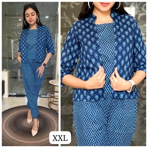 Ensemble coordonné 3 pièces pour femme en coton 100% vintage indien, séchage rapide, jean et débardeur col en V, tenue décontractée - Product Image 2