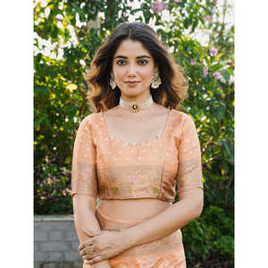 Robe de soirée en organza pêche tissé Zari Patola Elite Weaves 600g en stock - Product Image 1