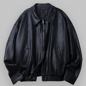 Blouson Bomber en PU beige pour homme, col rabattu, fermeture éclair, coupe ample, vêtement d'automne - Product Image 4