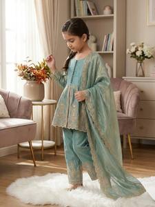 Girls Traditional 3mm Embroidery Sequences Work Fully Stitched & Ready to Wear Wedding Diwali <b>Silk</b> <b>Kurta</b> - Product Image 3