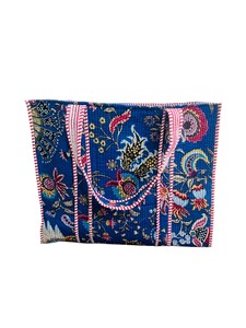 Indian 100% Cotton Handmade Handblock Printed Geometric Pattern Quilted Shoulder Tote Travel <b>Bag</b> Bohemian <b>Beach</b> Style <b>Large</b> Size - Product Image 3