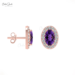 Fournisseur en gros de boucles d'oreilles classiques en améthyste africaine naturelle, boucles d'oreilles halo en or massif 14 carats avec diamants, fournisseur de bijoux en gros - Product Image 2