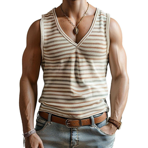 Débardeur Homme Personnalisé Col V Rayé Coupe Slim Sans Manches pour Entraînement Musculation Été Décontracté Plage Vente en Gros - Product Image 5