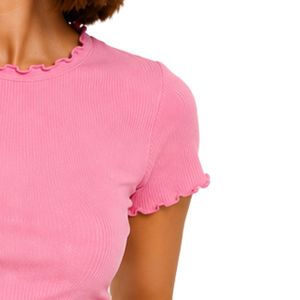 Camiseta Corta Rosa Personalizada con Ribetes para Mujer, Manga Corta, Cuello Redondo con Volantes, Algodón y Spandex, Ajuste Delgado, Casual de Verano - Product Image 4
