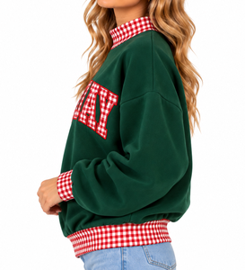 <b>Women's</b> <b>Green</b> Anti-Wrinkle <b>Fleece</b> Varsity Sweatshirt with Turtleneck Collar Drop-Shoulder Sleeves Letter Applique - Product Image 1