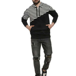 Sweat-shirt à capuche rayé pour homme, noir et blanc, en coton tricoté, décontracté, manches longues, avec poche, pour l'automne - Product Image 6