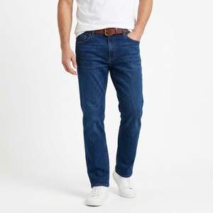 Jean en denim bleu moyen respirant coupe slim pour homme, coupe droite classique, en coton extensible, décontracté, vintage, délavé pour le printemps - Product Image 1