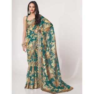 Magnifique Saree classique à imprimé floral bleu saree avec chemisier Matériaux d'emballage en organza - Product Image 2