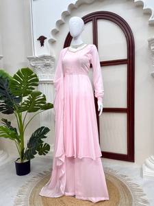 Robe Anarkali rose avec ensemble dupatta en georgette et fausse fourrure, tenue ethnique pour mariage et fête, pour femmes - Product Image 4