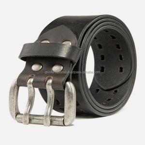 Heavy Duty <b>Black</b> Rugged Leather Casual <b>Belt</b> for men with full hand punched and double pin antique silver brass buckle Men's <b>belt</b> - Product Image 2