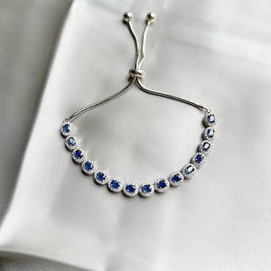Genuine Blue Sapphire Halo Oval Cut Adjustable Slider Silver Bracelet Elegant Gemstone Jewelry Gift For Women - Product Image 4