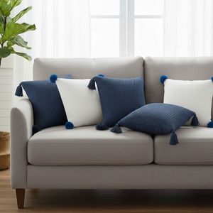SOGA 5PC Chunky Knit <b>Navy</b> Blue and Cream White Ribbed <b>Pillow</b> Cover Set with Pom-Poms for Sofa Decor - Product Image 3