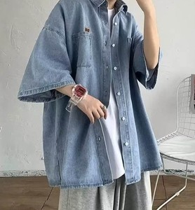 <b>Men's</b> Light Blue Denim Short Sleeve Shirt Loose Fit Turn-down Collar Casual Summer Breathable Cotton Solid Color Pocket - Product Image 5