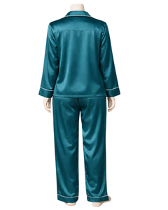 Ensemble de pyjama pour femme en satin bleu foncé personnalisé, manches longues, boutonné, style soie, vêtements de nuit, ensemble confortable en deux pièces - Product Image 5