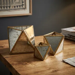 Artisan Design VO1033c Geometric Brass/Glass Votive Holder <b>Mirrored</b> <b>Panels</b> for Home Wedding Diwali Decor Candle Light Dinner - Product Image 2