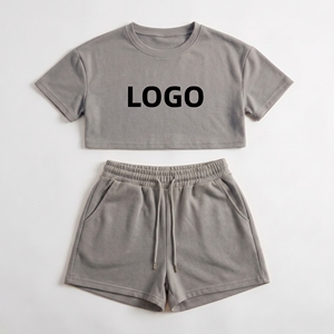 2024 <b>Women's</b> Custom Logo Summer Sports Jogging Two-Piece <b>Set</b> Crop Tank Top <b>Short</b> Sleeve <b>T</b>-<b>Shirt</b> <b>Shorts</b> Solid 100% Cotton - Product Image 2