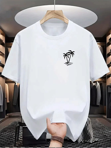 เสื้อยืดผู้ชายคุณภาพใหม่ ฤดูร้อน ผ้าฝ้าย 100% แฟชั่นลำลอง ทรงหลวม พิมพ์ลายต้นมะพร้าว คอกลม สปอร์ต - Product Image 4