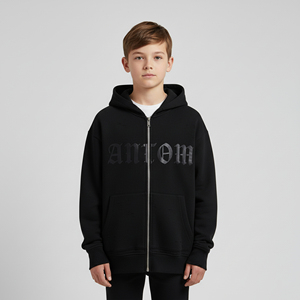 Sweat à capuche zippé noir personnalisé pour enfants, en coton épais, vierge, pour garçons, coupe oversize, avec motifs, en molleton, vente en gros fabricant - Product Image 5