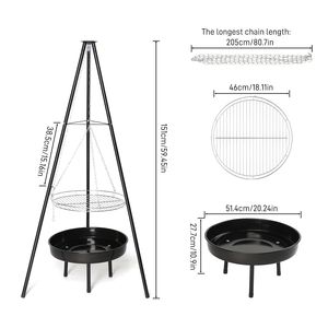 Portable Black Campfire Tripod Grill for Outdoor <b>Camping</b> Adjustable Height BBQ Grate with Foldable Fire Bowl Charcoal Fuel - Product Image 4